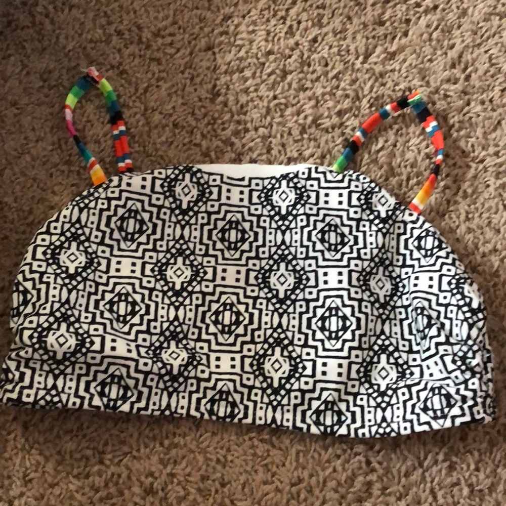 Black, white, and rainbow swimsuit top